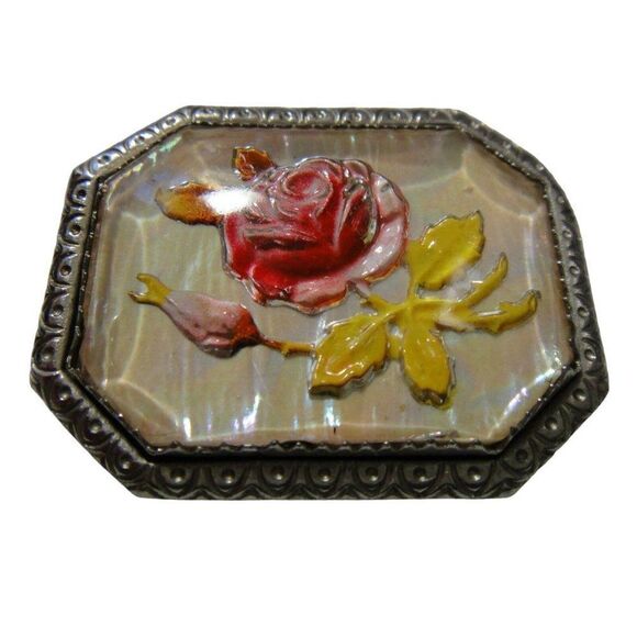 Rose Floral Etched Silver Border Handpainted Pin Octagon Brooch Vintage Estate - Picture 3 of 6
